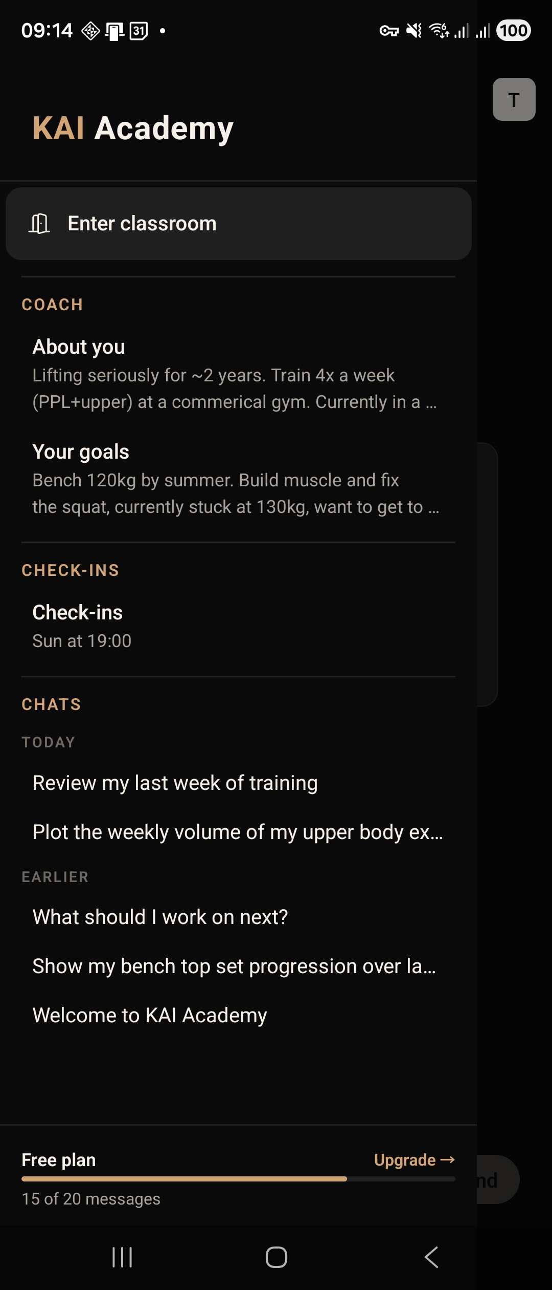Sidebar showing coach context, check-ins, and conversation history